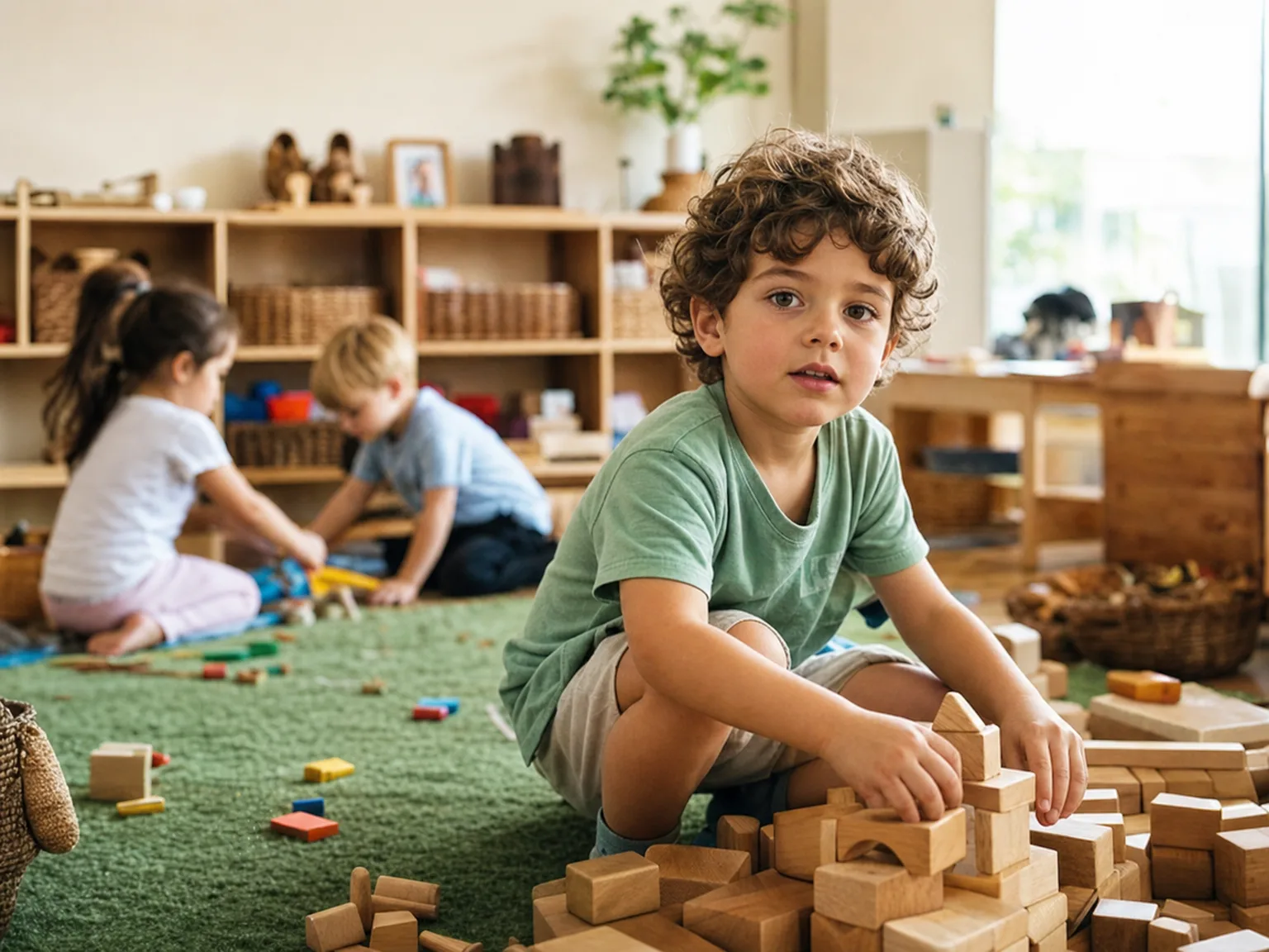 The original photo: children playing with wooden blocks on a rug, faces visible