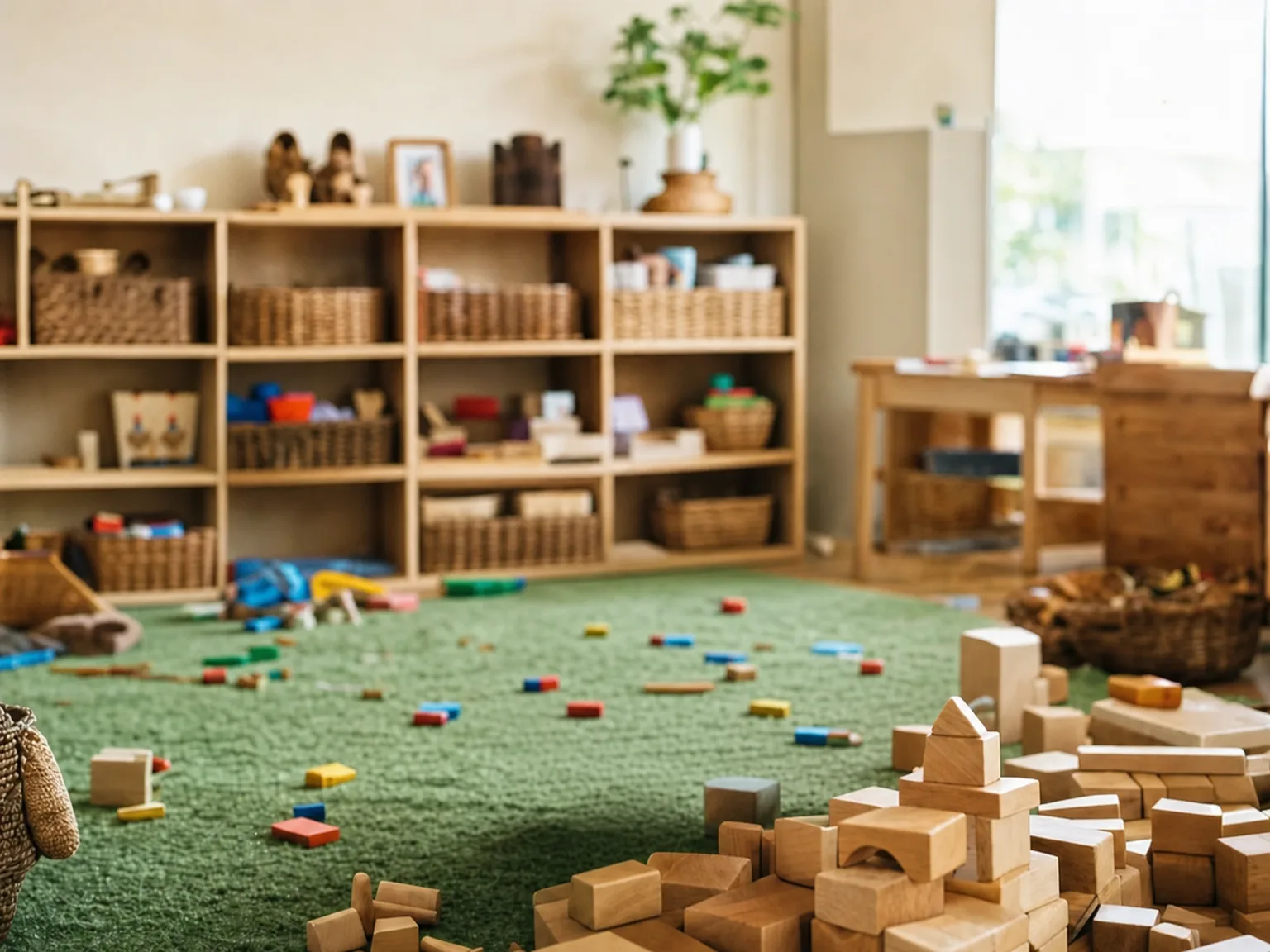 The same photo with every child removed, the room and the scattered blocks left exactly as they were
